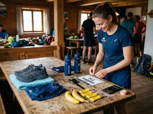 Gepackte Wettkampfausrüstung mit Laufschuhen und Pulsuhr vor dem Wettkampf
