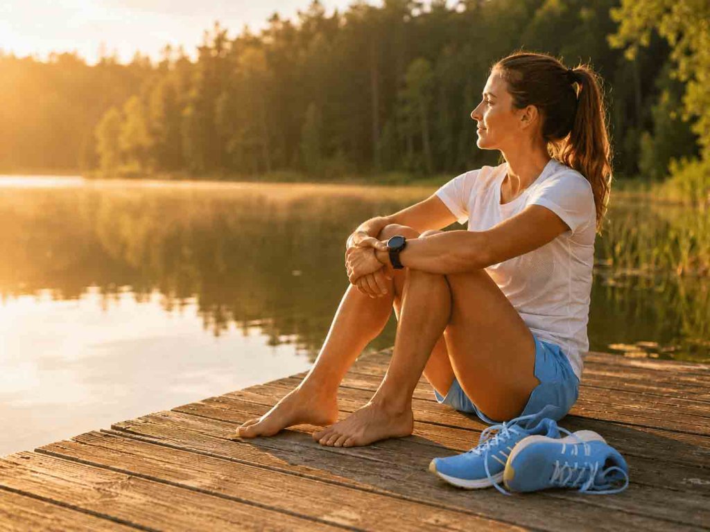 Regeneration nach dem Lauftraining ist wichtig - Läuferin entspannt sich am Weiher