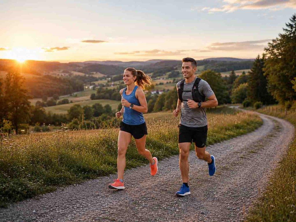 Läuferin und Läufer bauen bei einem lockeren GA1-Lauf in der Natur ihre Grundlagenausdauer auf