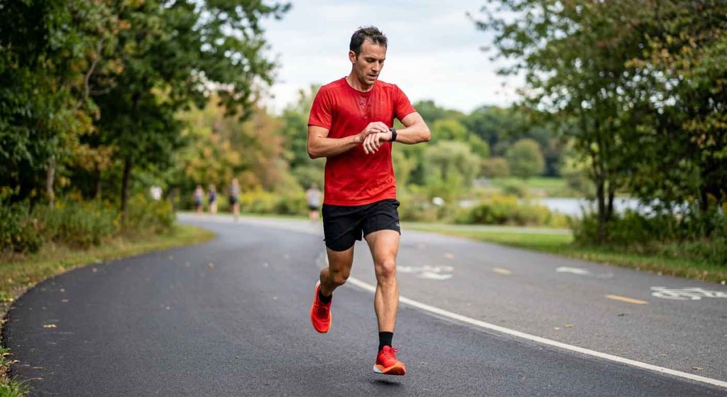 Läufer überprüft während eines zügigen Trainingslaufs seine Pace auf der Laufuhr