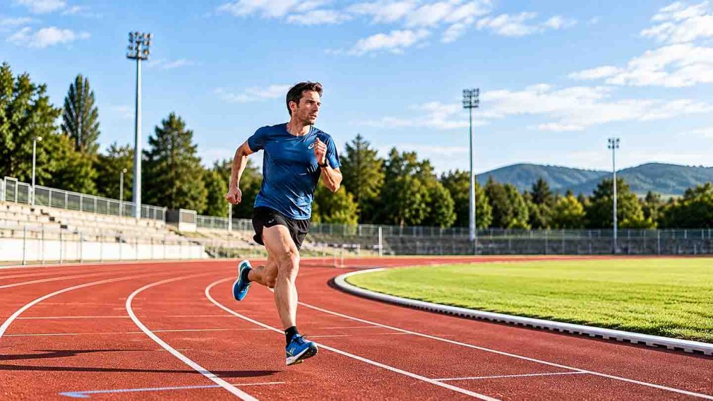 Intervalltraining auf der 400-Meter-Bahn – schnelle Intervalle laufen Läufer beim schnellen Intervalltraining auf einer 400-Meter-Tartanbahn