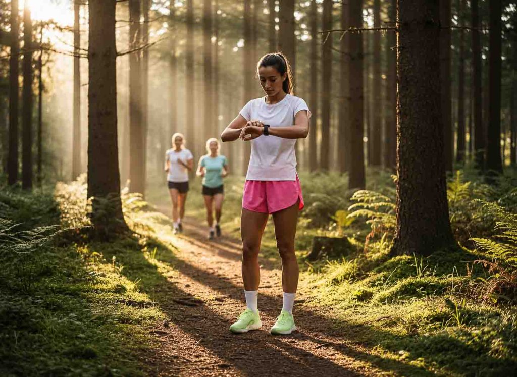 Läuferin kontrolliert Herzfrequenz beim Lauftraining