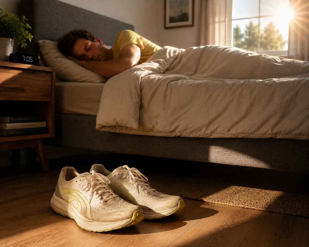 Frühaufsteher oder Abendläufer – welche Tageszeit passt zu dir? Laufschuhe für den Morgenlauf bereitgestellt – Frühaufsteher oder Abendläufer?