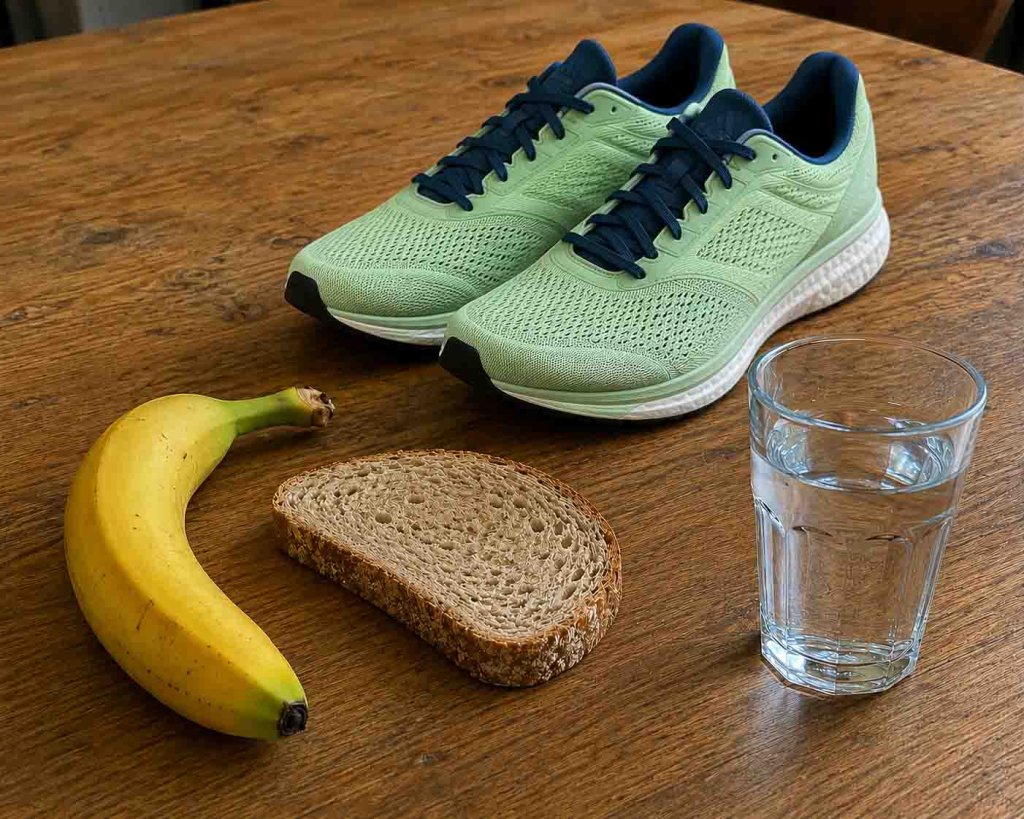 Vorbereitung auf einen nüchternen Morgenlauf Laufschuhe, Banane, Brot und Wasser für einen nüchternen Morgenlauf