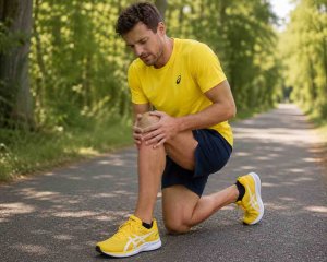 Runners Knee – typische Knieschmerzen beim Laufen Läufer hält sich wegen Knieschmerzen beim Laufen das Knie