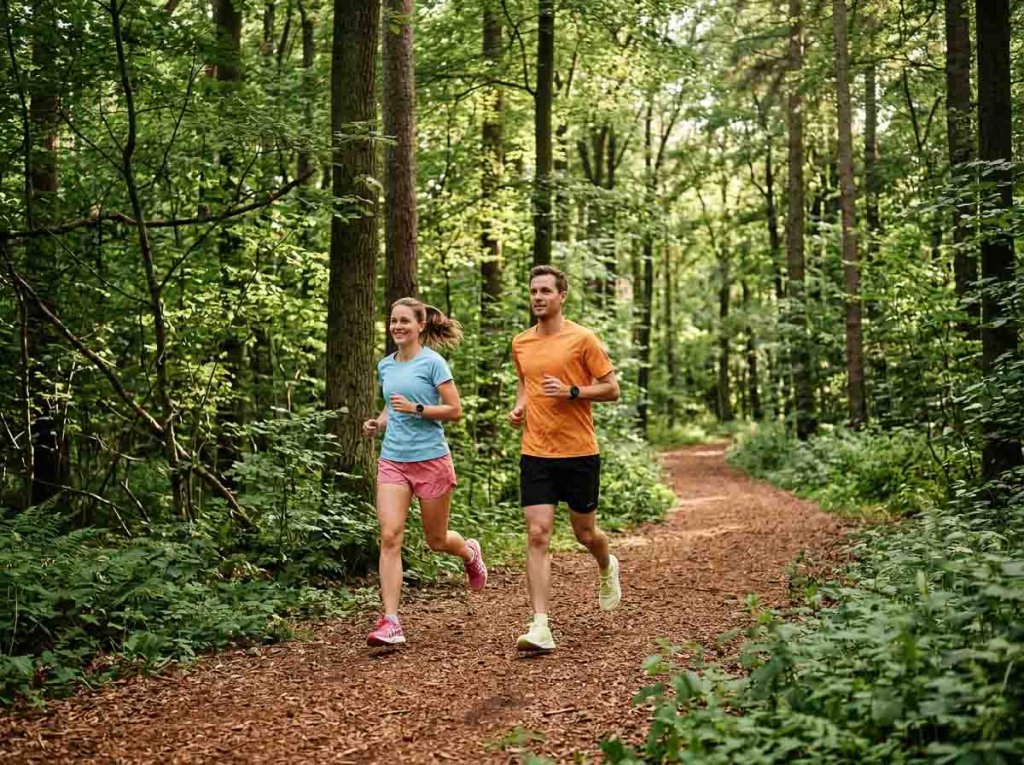 Über Mittag laufen – Training in der Mittagspause Läuferin und Läufer nutzen die Mittagspause für einen Lauf im Wald