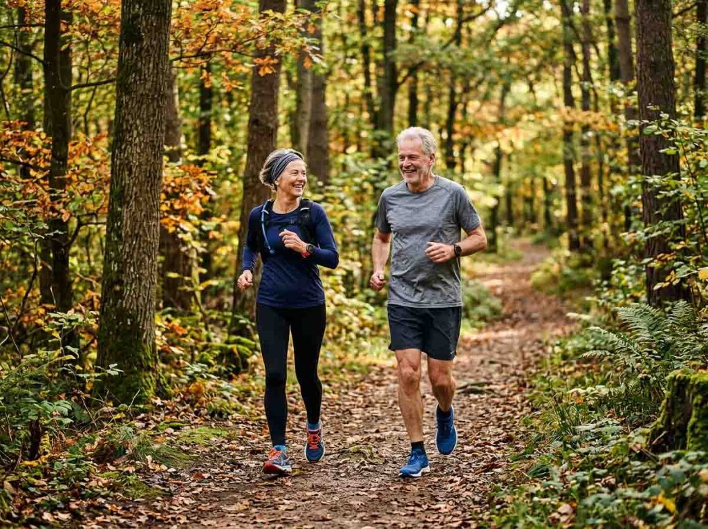 Läufer und Läuferin um die 60 beim Joggen im Wald