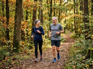 Läufer und Läuferin um die 60 beim Joggen im Wald