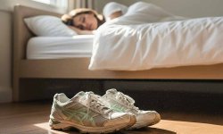 Laufschuhe vor dem Bett einer schlafenden Läuferin