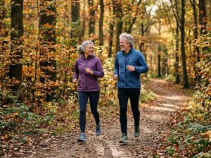 Läuferpaar über 60 beim lockeren Dauerlauf im Wald