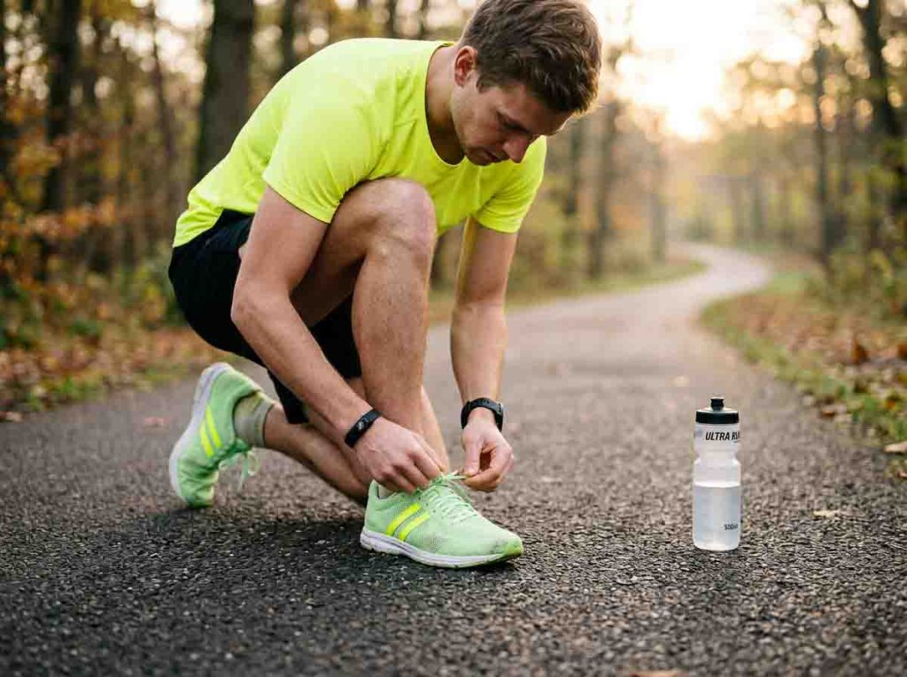 Material auf einem Testlauf überprüfen Läufer überprüft die Schnürung seiner Laufschuhe auf einem Testlauf