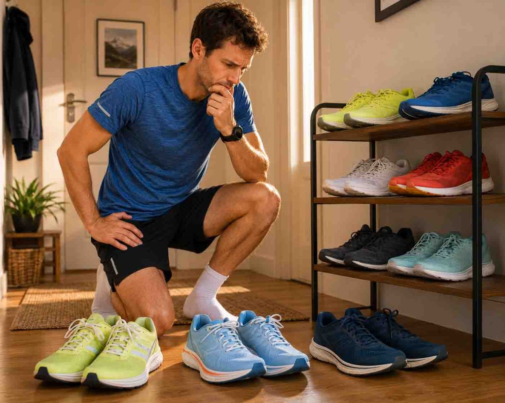 Läufer wählt geeignete Laufschuhe für einen langen Dauerlauf aus