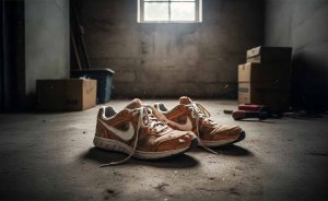 Alte gebrauchte Laufschuhe im Keller als Beispiel für gealterte Laufschuhe
