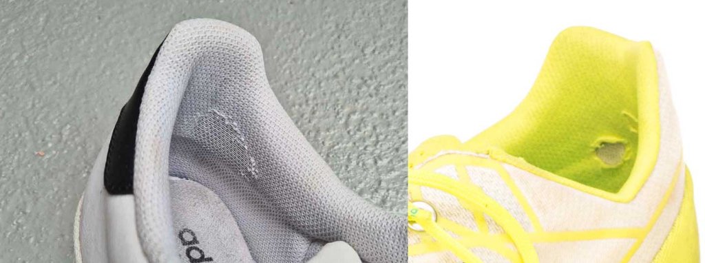Durchgescheuerte Fersenkappen bei Sneaker und Laufschuh Durchgescheuerte Fersenkappe an einem Sneaker links und an einem Laufschuh rechts