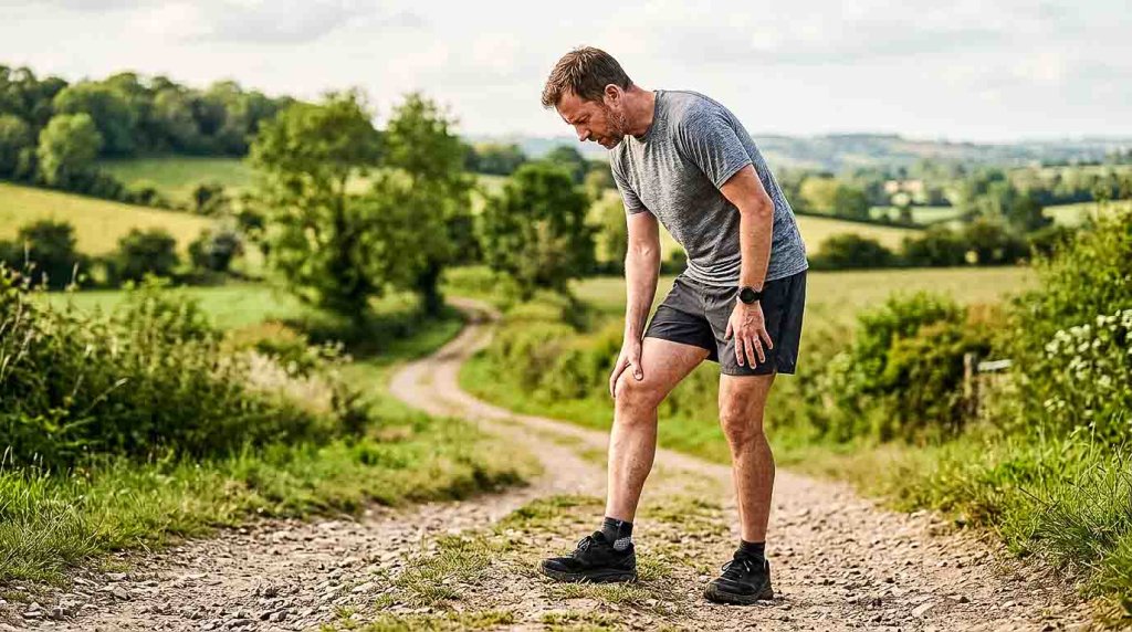 Knieschmerzen beim Laufen – Training unterbrechen Läufer unterbricht sein Training und kontrolliert sein Knie