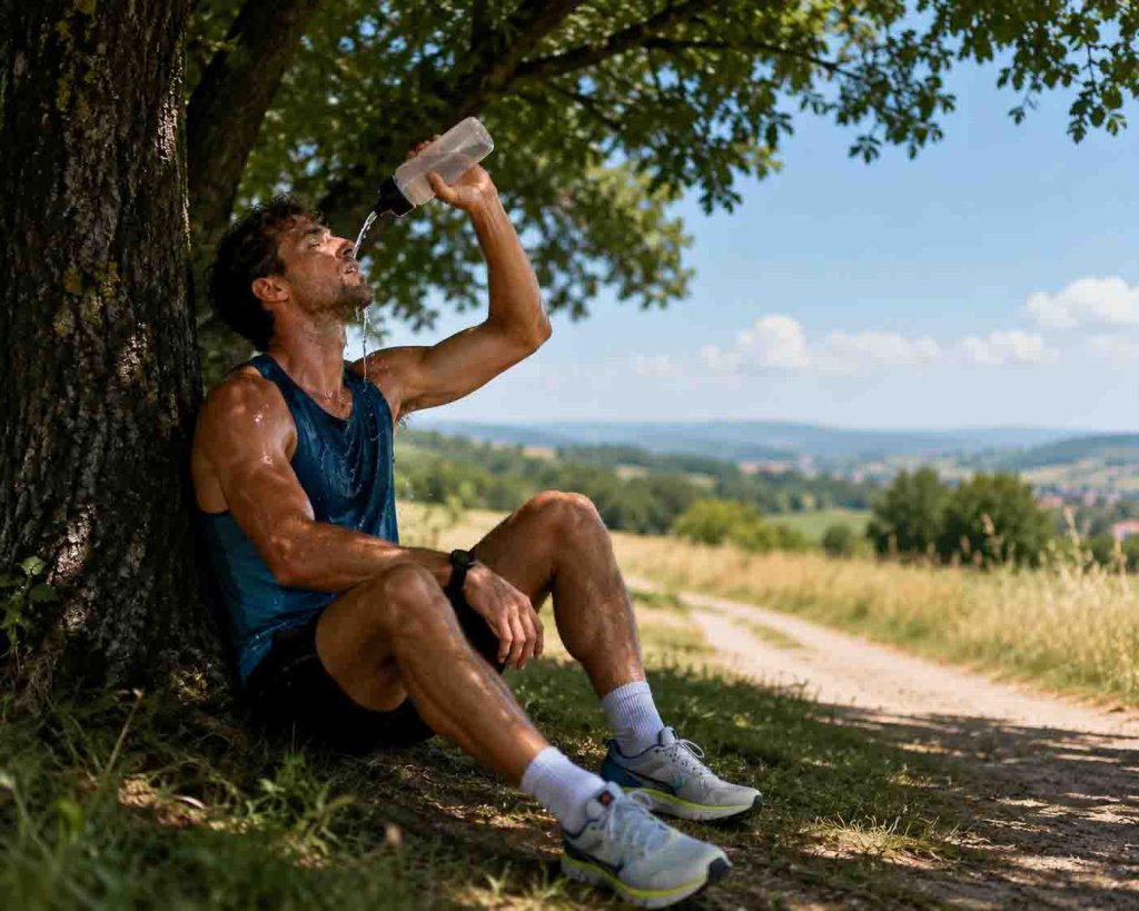Laufen bei Hitze: Abkühlung im Schatten nach dem Training Läufer kühlt sich nach dem Lauf im Schatten mit Wasser ab