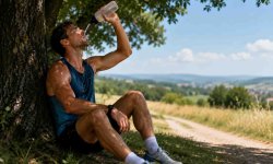 Läufer kühlt sich nach dem Lauf im Schatten mit Wasser ab