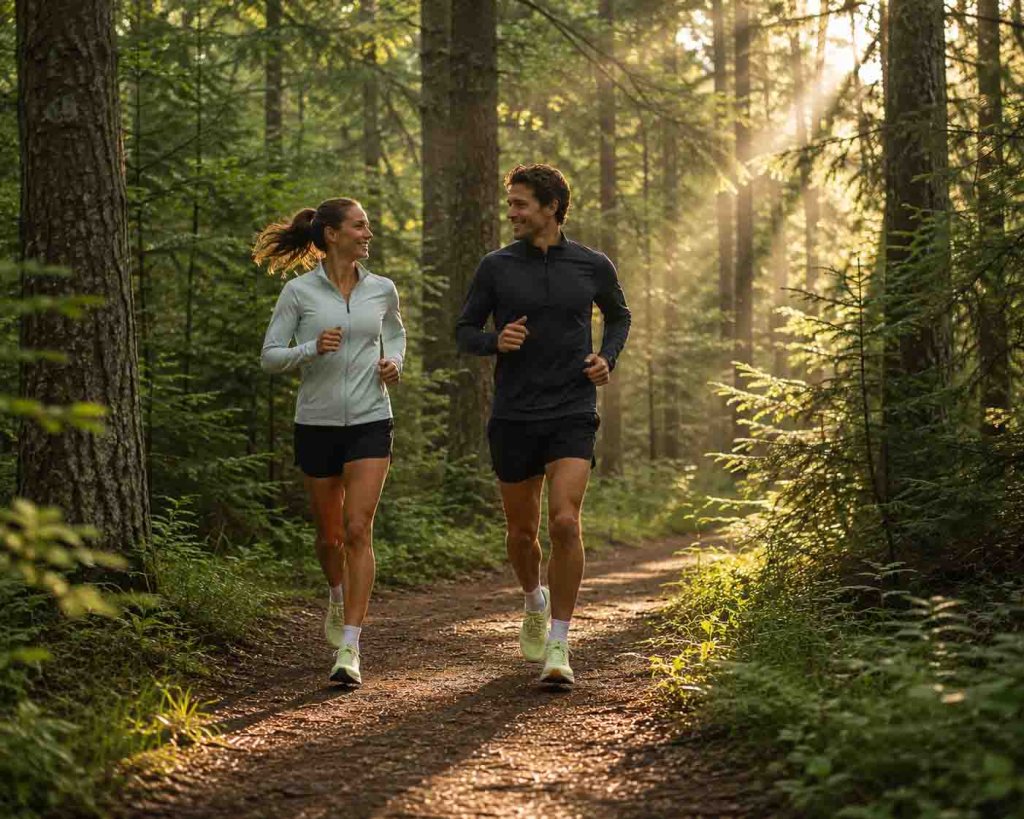 Schattige Waldwege erleichtern das Laufen bei Hitze Läufer und Läuferin laufen auf einer schattigen Finnenbahn im Wald