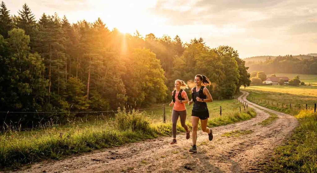Zwei Läuferinnen absolvieren einen langen Dauerlauf auf einem Feldweg