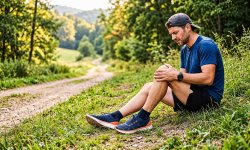 Läufer mit Knieschmerzen beim Laufen hält sich das Knie