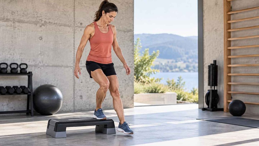 Step-down-Übung für Knie- und Hüftstabilität Läuferin trainiert mit einer Step-down-Übung die Knie- und Hüftstabilität
