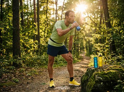 Genügend trinken beim Laufen bei Hitze Läufer macht bei sommerlicher Hitze eine Trinkpause im Wald