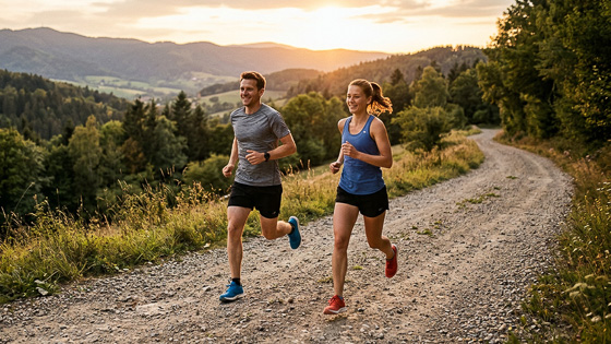 Lauftraining Läufer und Läuferin trainieren am frühen Morgen auf einer Strasse