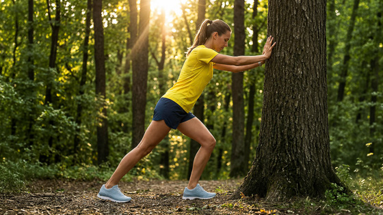 Gesundheit & Verletzungen Läuferin dehnt sich nach dem Lauftraining im Wald