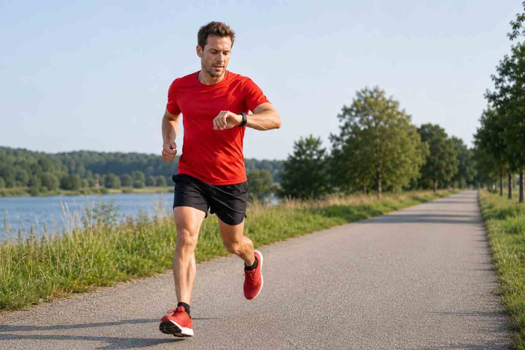 Tempo beim 10-km-Lauf kontrollieren Läufer kontrolliert beim 10-km-Training das Tempo auf seiner Laufuhr