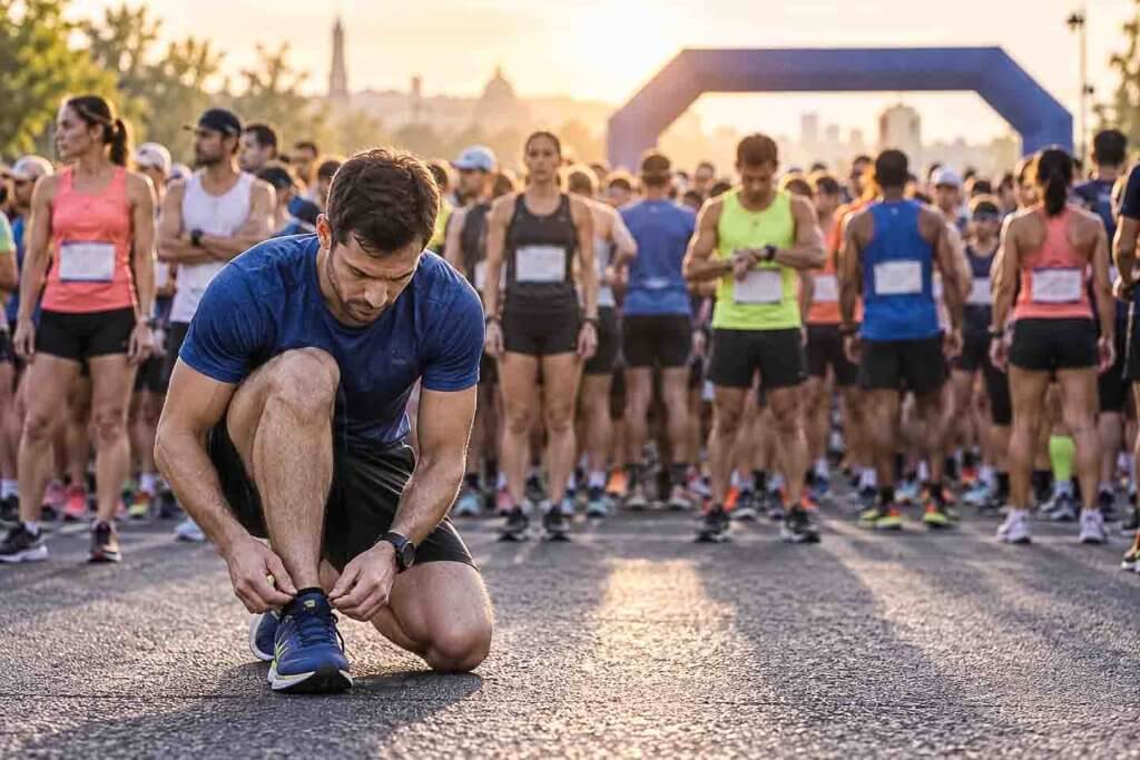 Laufschuhe vor dem Marathonstart kontrollieren Läufer kontrolliert vor dem Marathonstart die Schnürung seiner Laufschuhe