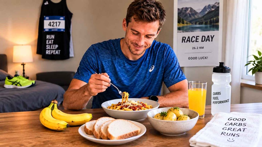 Läufer beim Carboloading mit Teigwaren, Brot, Kartoffeln und Banane