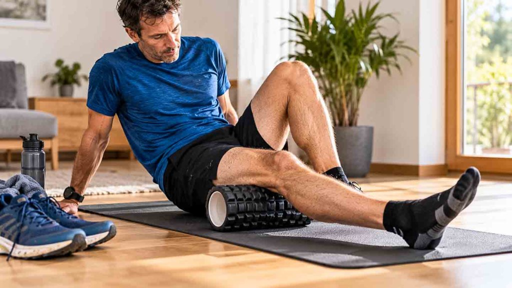Regeneration mit der Faszienrolle Läufer nutzt eine Faszienrolle zur Regeneration
