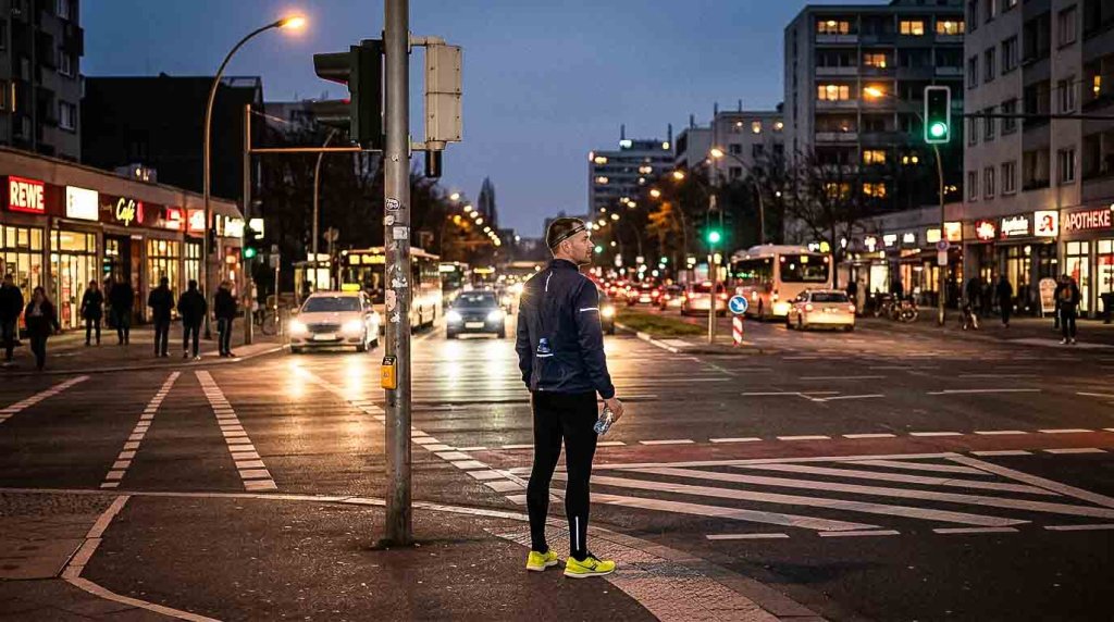 Läufer im Dunkeln an einer beleuchteten Strassenkreuzung