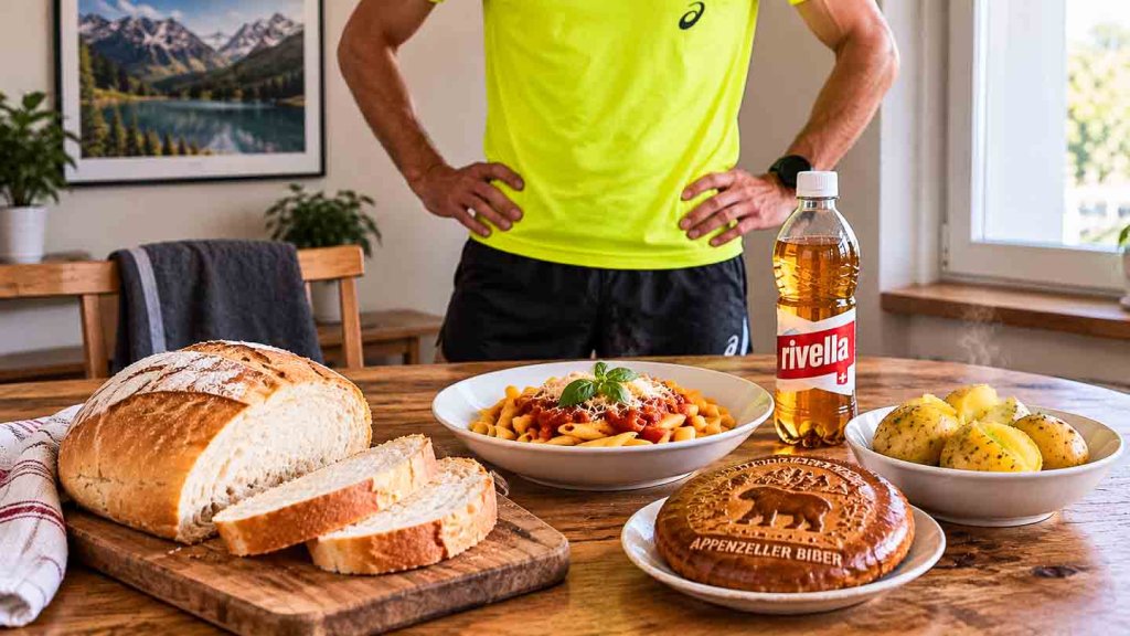 Brot, Teigwaren, Kartoffeln, Biber und kohlenhydratreiches Getränk für das Carboloading