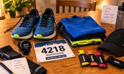 ereitgelegte Laufschuhe, Kleidung, Startnummer, Laufuhr und Gels am letzten Tag vor dem Marathon