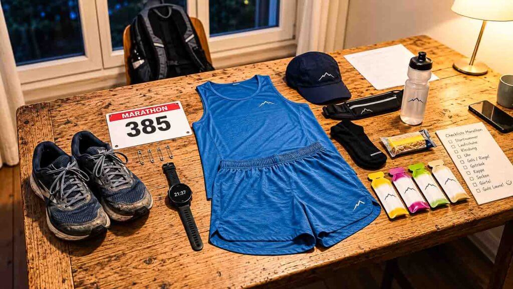 Bereitgelegte Marathon-Ausrüstung mit Laufschuhen, Laufkleidung, Startnummer, Uhr, Trinkflasche und Gels
