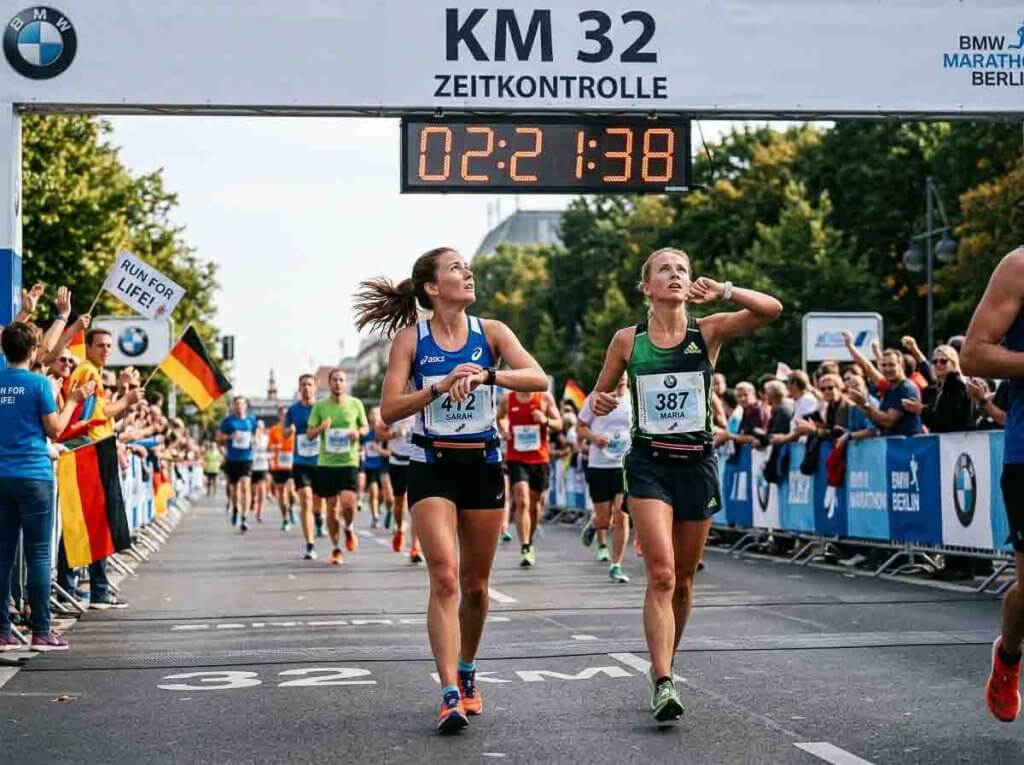 Zwei Marathonläuferinnen kontrollieren bei Kilometer 32 ihre Zeit