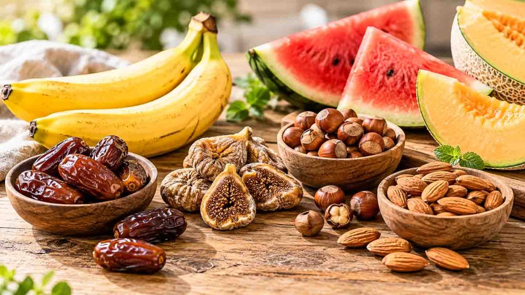 Bananen, Datteln, getrocknete Feigen, Haselnüsse, Mandeln und Melonen als natürliche Energiespender für Läufer