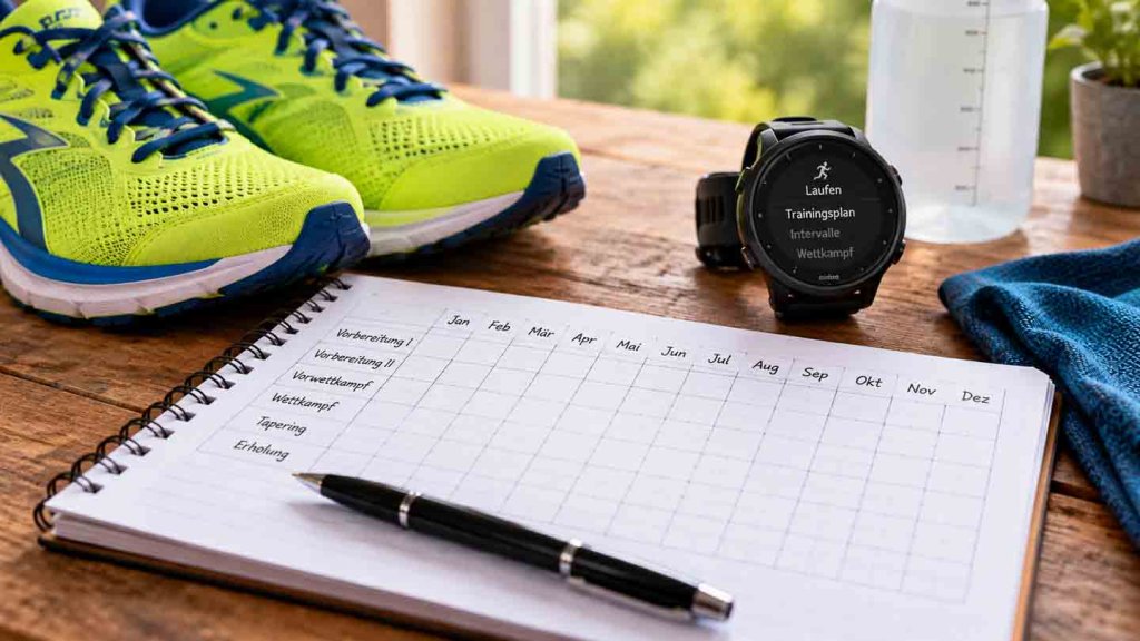 Laufschuhe, Sportuhr und leerer Jahreskalender zur Planung des Lauftrainings