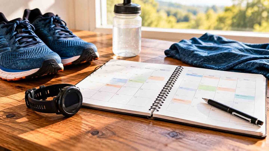Laufschuhe, Sportuhr und Trainingskalender zur Planung des Lauftrainings