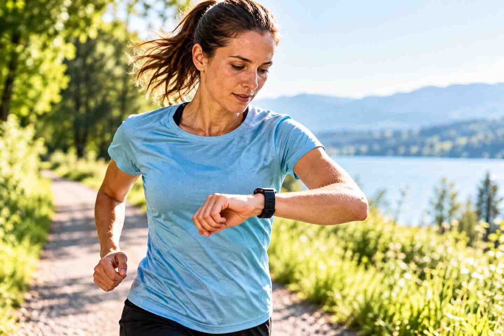 Läuferin im hellblauen Laufshirt kontrolliert während des Laufens ihre Pulsuhr