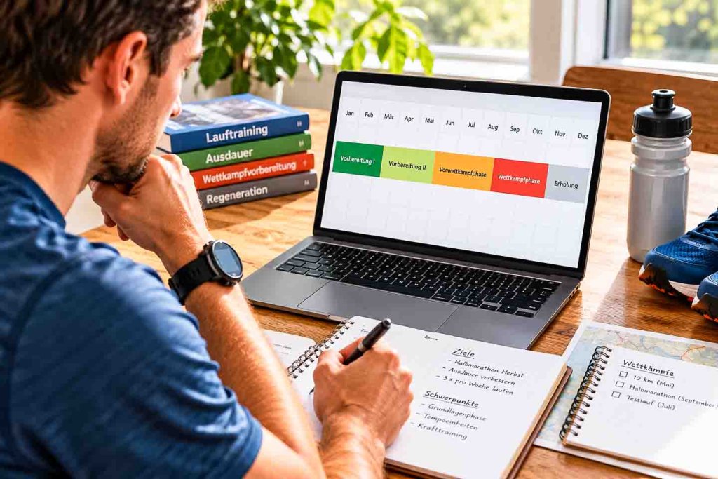 Läufer plant sein Trainingsjahr mit Trainingsphasen und Wettkampfvorbereitung am Laptop